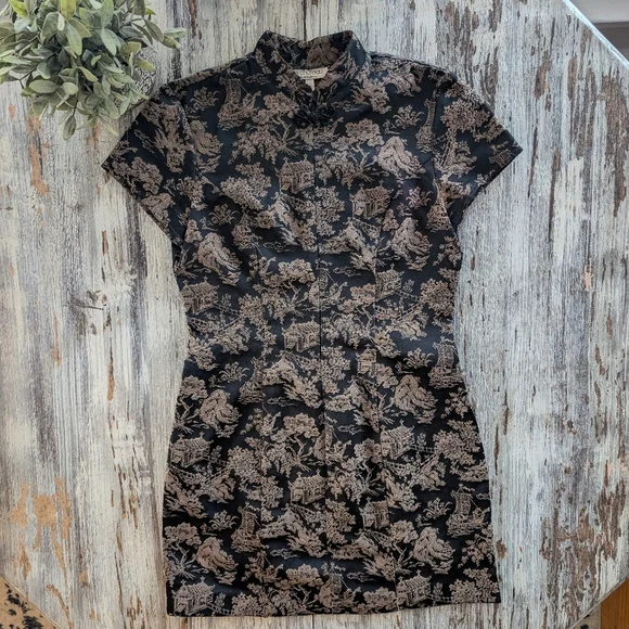 Vintage Cheongsam Qipao Mini Zippered Dress Black Gold Women's Small - Picture 2 of 8